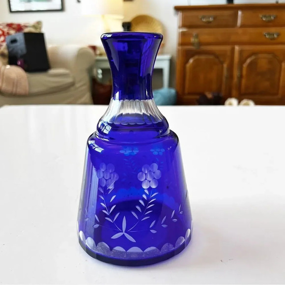 Bohemian Glass Cobalt Blue Cut to Clear Crystal Water Decanter Flask Vase No Cup - Picture 9 of 10